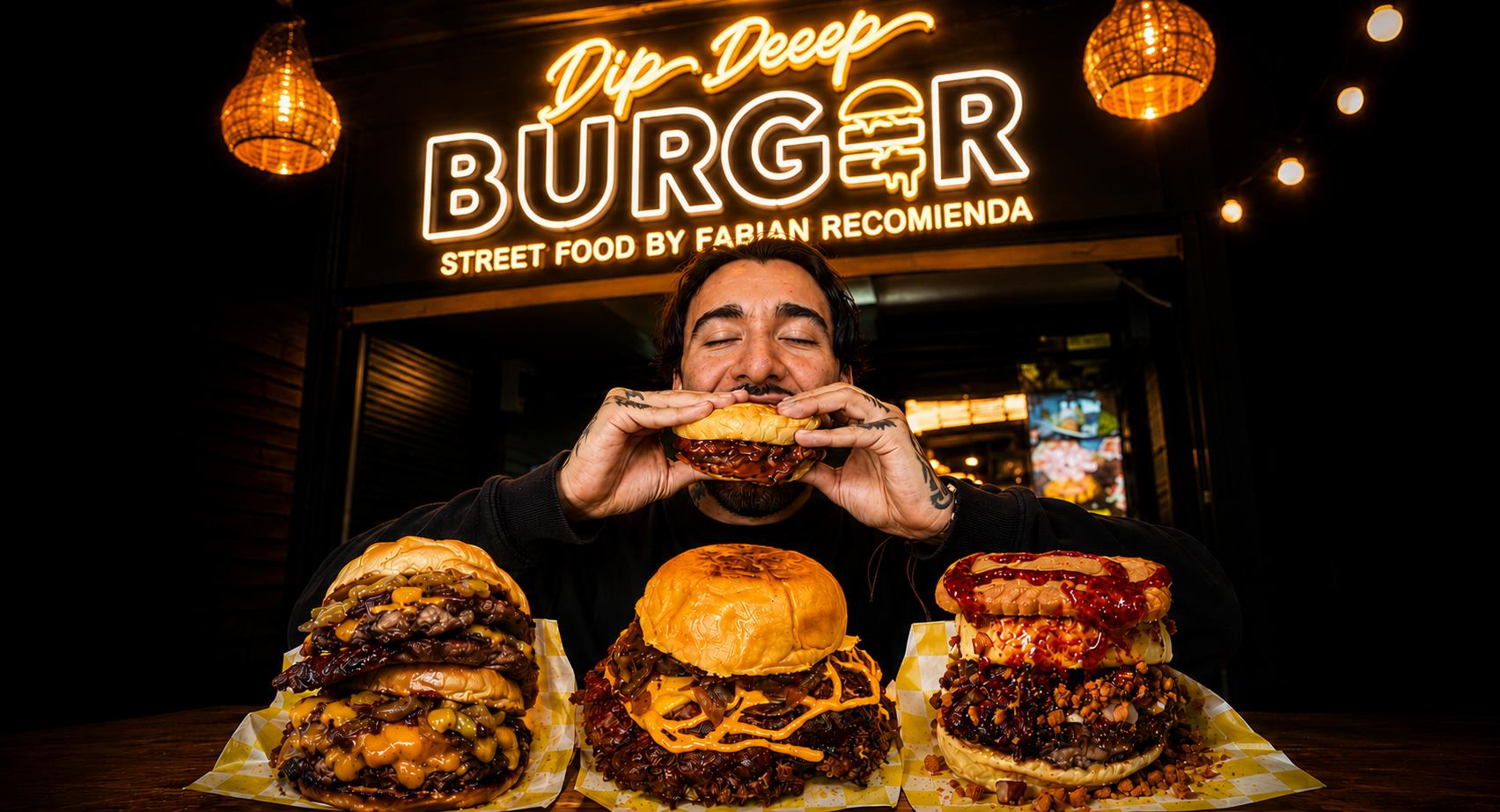 Dip Deep Burger - letrero neón con Fabián y las hamburguesas insignia